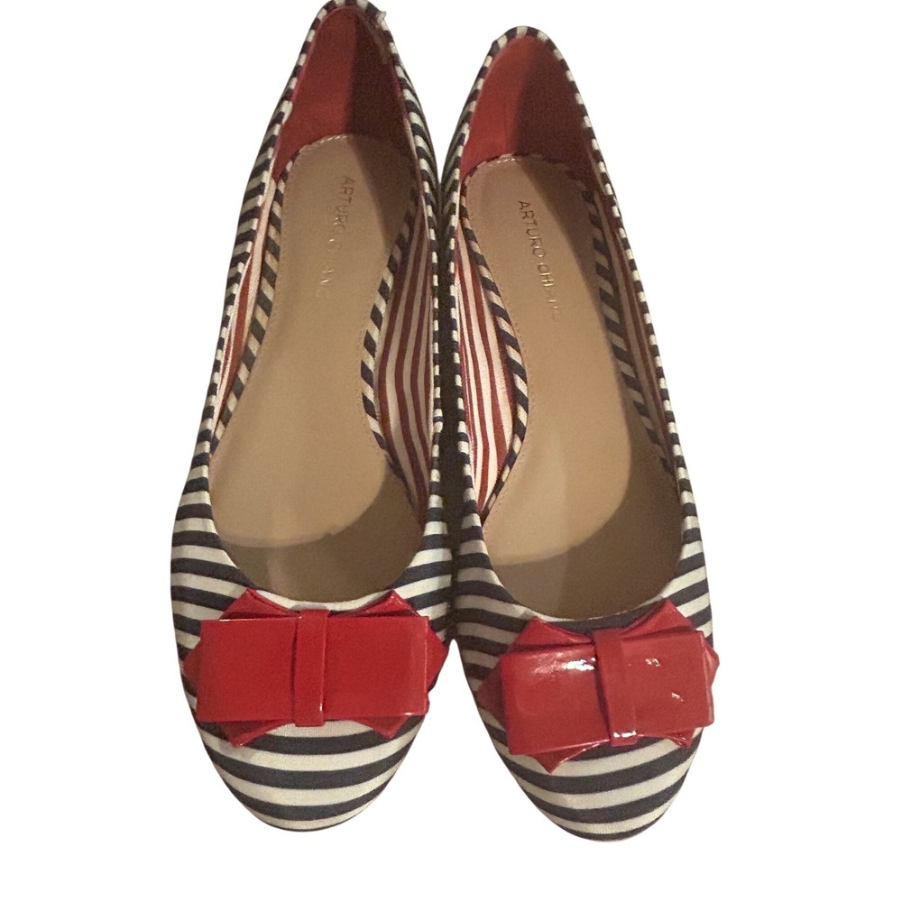 Arturo Chiang Womens 10 Navy White Stripe Ballet Flats Red Patent Bow Nautical